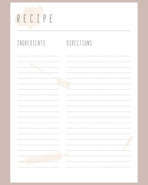 Modern Recipe Page Template Cookbook Vector Illustration Printable Template Blank — Stock Vector