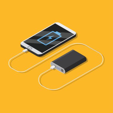 Güç bankası akıllı telefona bağlı. İzometrik vektör illüstrasyonu