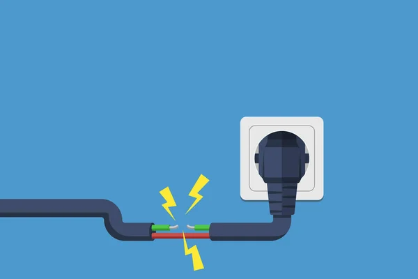 Elektrik kısa devresi. Hatalı kablo. Aşırı yüklemeden ateş edin. Elektrik güvenliği kavramı. Vektör çizimi düz tasarım. Kısa devre elektrik devresi. Kırık elektrik bağlantısı.