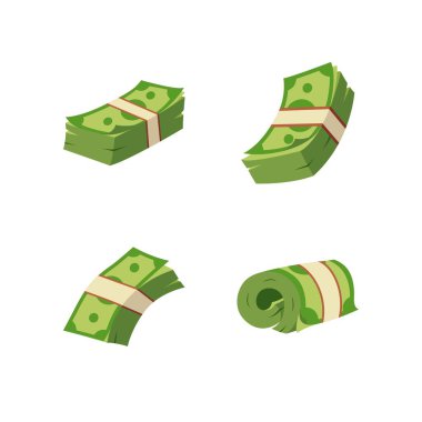 Banknotlardaki para düz tasarım. Çeşitli demetler halinde yeşil dolar, para birimi işareti paketi.