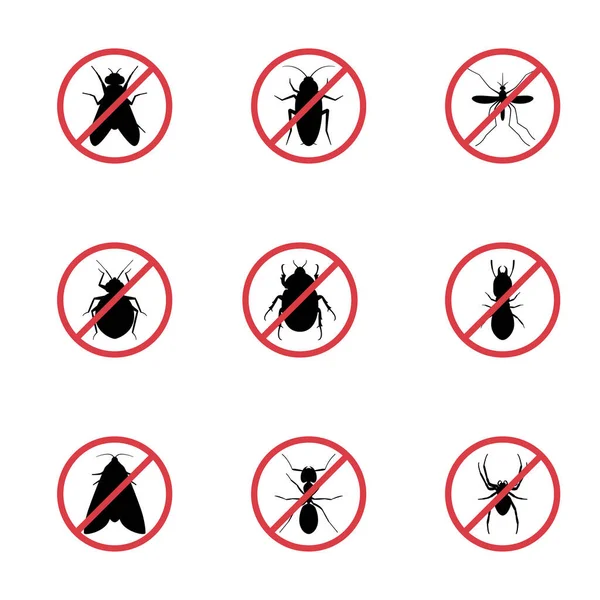 Señal Prohibición Plagas Siluetas Vectoriales Insectos Aisladas Sobre Fondo Blanco — Vector de stock