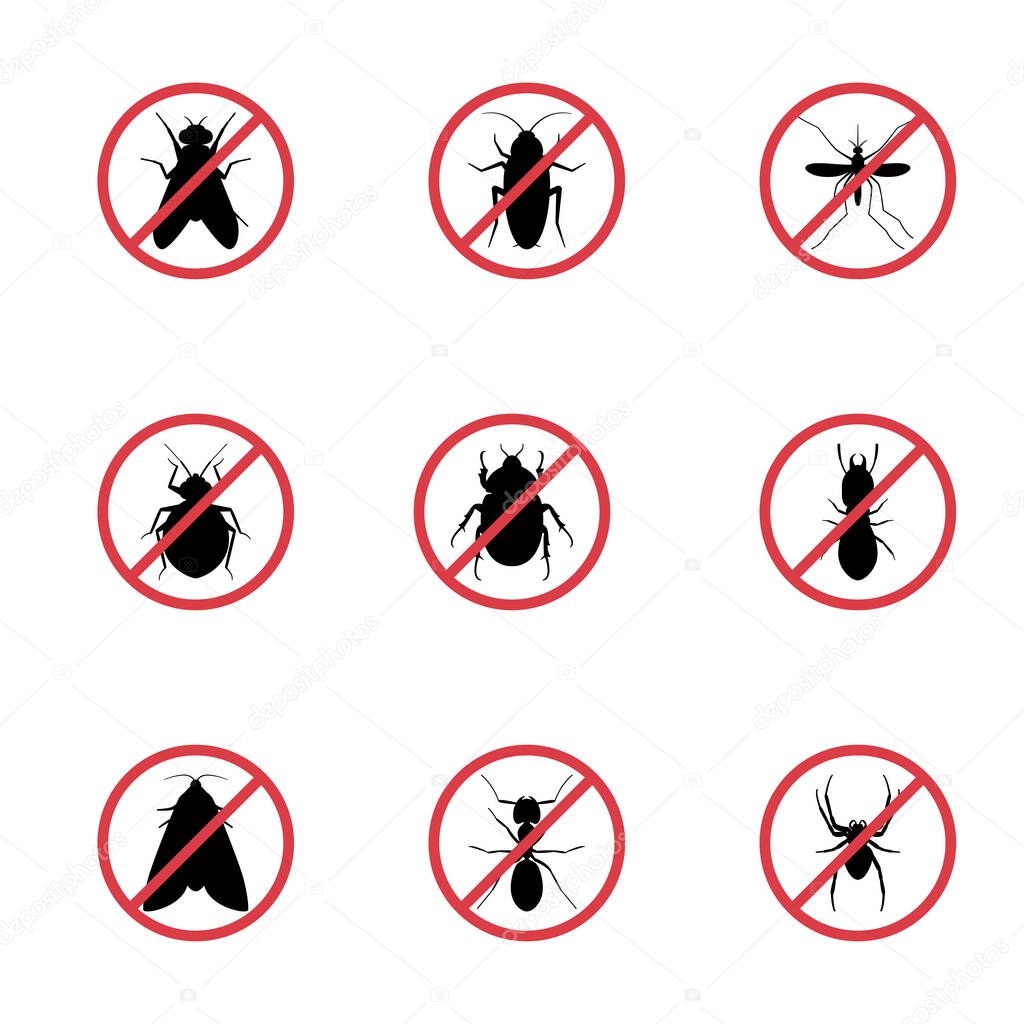 pest  prohibition sign. insect vector silhouettes isolated on white background