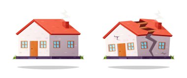 Basit bir ev. Ev çatladı ve beyaz arka planda izole edilmiş iki vektöre ayrıldı..