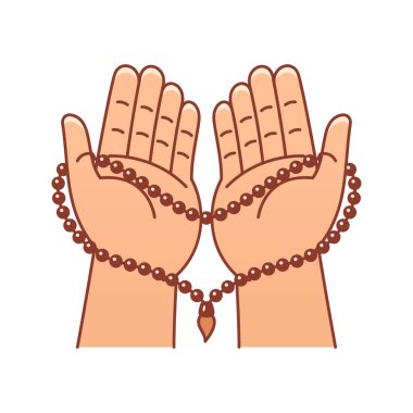 Dua eden basit eller, beyaz arka planda izole edilmiş tespih taşır..