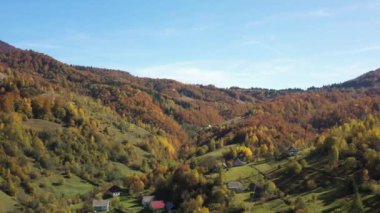 Sonbahar Karpat Ormanı sinematik hava manzarası. İnsansız hava aracı vahşi sonbahar ormanlarında uçuyor. 4K İHA görüntüleri. Yukarıdan Ukrayna köyü