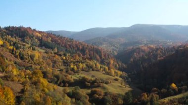 Sonbahar Karpat Ormanı sinematik hava manzarası. İnsansız hava aracı vahşi sonbahar ormanlarında uçuyor. 4K İHA görüntüleri. Yukarıdan Ukrayna köyü