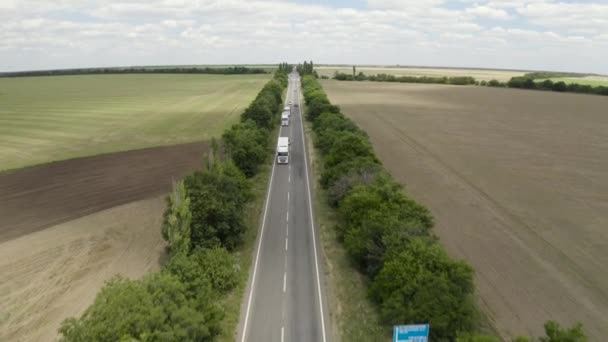 用卡车运送货物的最高电影航空摄影图像 车辆在路上 无人机带着惊人的背景在高速公路上飞行乌克兰 乌克兰的自然和景观 用卡车运送货物 — 图库视频影像