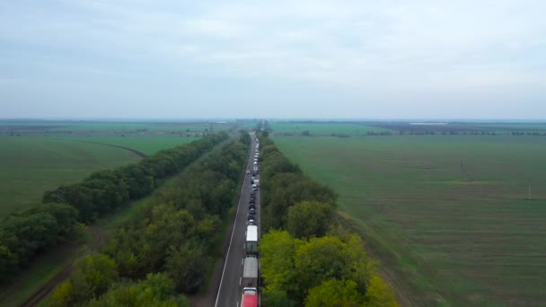 事故による道路上の交通渋滞のトップの航空ビュー 道路上のトラックの多く ウクライナの自然 トラックがたくさんある高速道路の上の空の景色 — ストック動画
