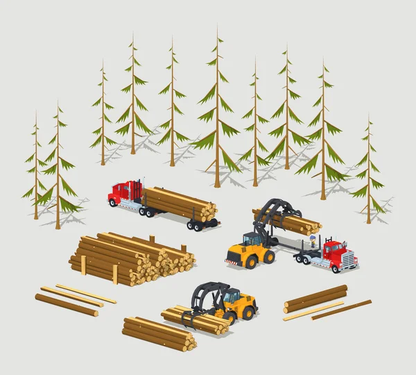 Lumber stock. Logs loading on trucks — Stock Vector