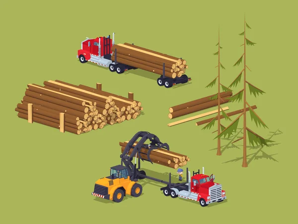 Bois de sciage. Chargement des grumes sur camions — Image vectorielle