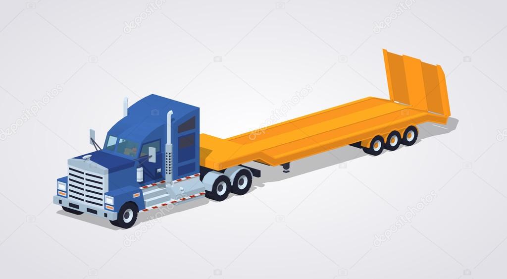 Blue heavy truck with yellow low-bed trailer