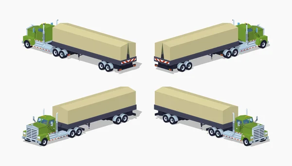 Low poly zielony ciężkie ciężarówki i przyczepy z plandeką namiot — Wektor stockowy