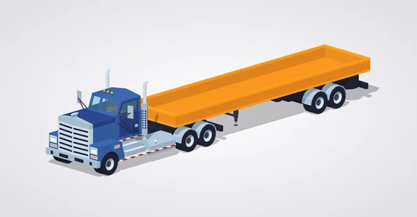 Low poly blue heavy truck and trailer with the yellow open platform — Stock Vector