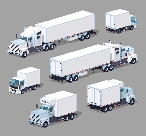 Set of the white low poly trucks — Stock Vector