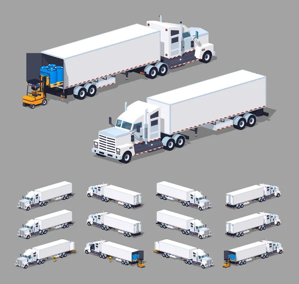 低聚重美国白色卡车与拖车 — 图库矢量图片