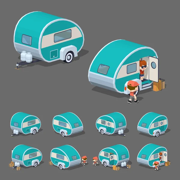 Lage poly turquoise retro trailer huis — Stockvector