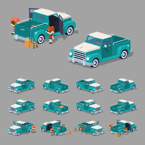 Low poly turquoise retro pickup — Stock Vector