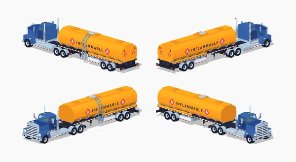 Χαμηλό πολυ μπλε φορτηγό με το πορτοκαλί ρεζερβουάρ καυσίμου — Διανυσματικό Αρχείο