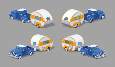 Turuncu-Beyaz karavan ile düşük Poli mavi retro pikap