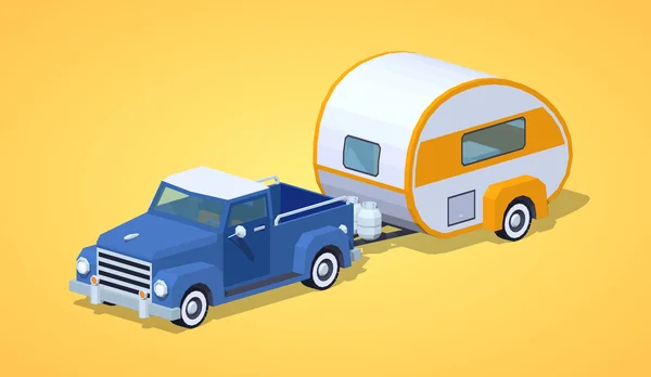 Low Poly Blue Retro Pickup mit orange-weißem Wohnmobil — Stockvektor