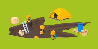 Düşük Poli canavar ayak izi ve bilim adamlarının ekip