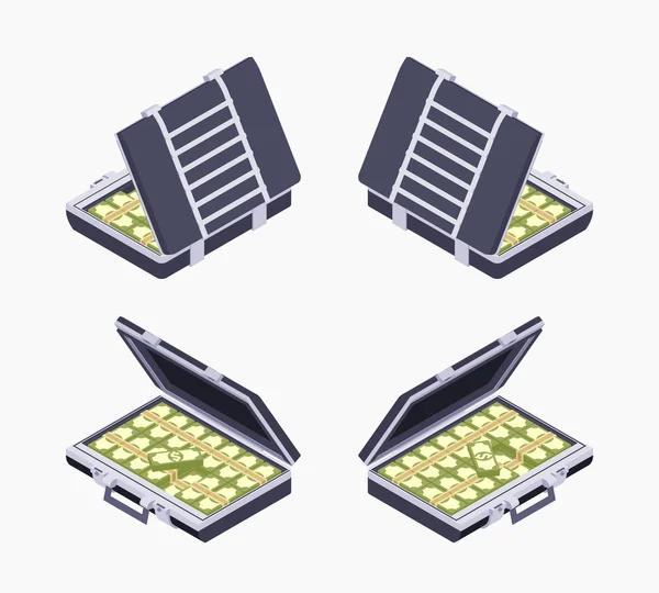 Maletín abierto isométrico con el dinero — Vector de stock