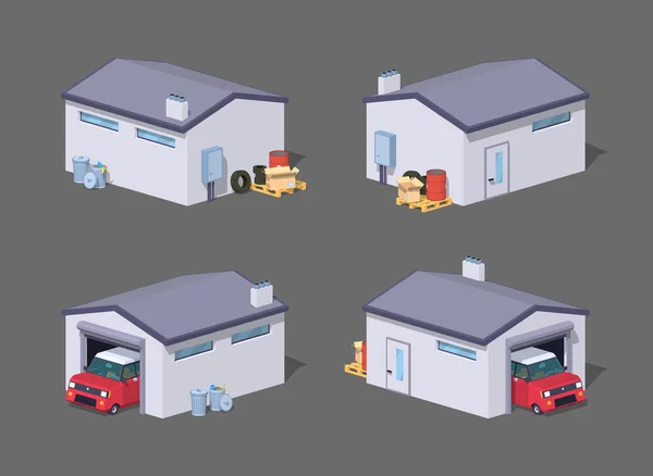 Low Poly weiße Garage und rotes Auto — Stockvektor