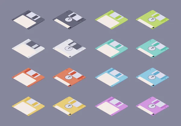 Dischi floppy isometrici piatti colorati, set dischetti — Vettoriale Stock