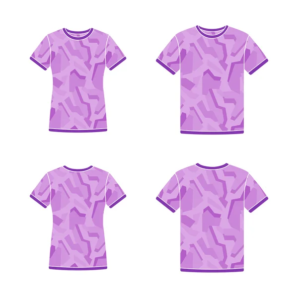 Lila kort ärm t-shirts mallar med kamouflage mönster — Stock vektor