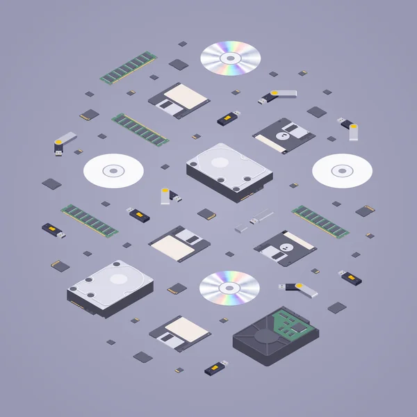 Stockages de mémoire numérique plats isométriques — Image vectorielle