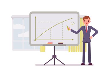 Adam beyaz tahta üzerinde olumlu bir grafik çizdi