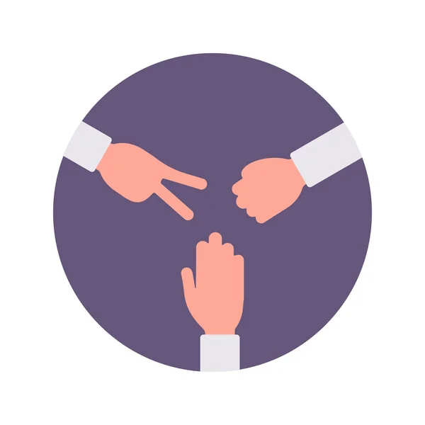 Pierre, papier, ciseaux signe à la main dans un cercle violet — Image vectorielle