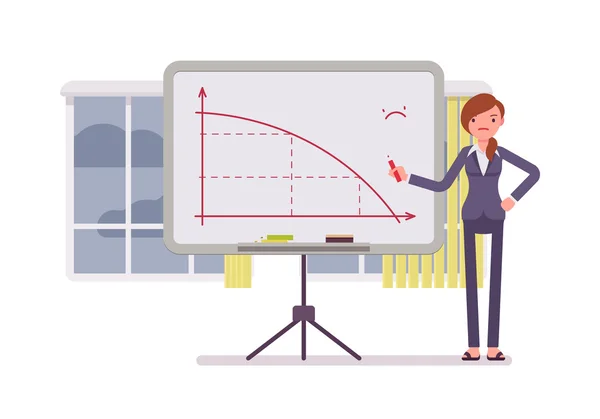 La mujer dibujó un gráfico negativo en la pizarra . — Vector de stock