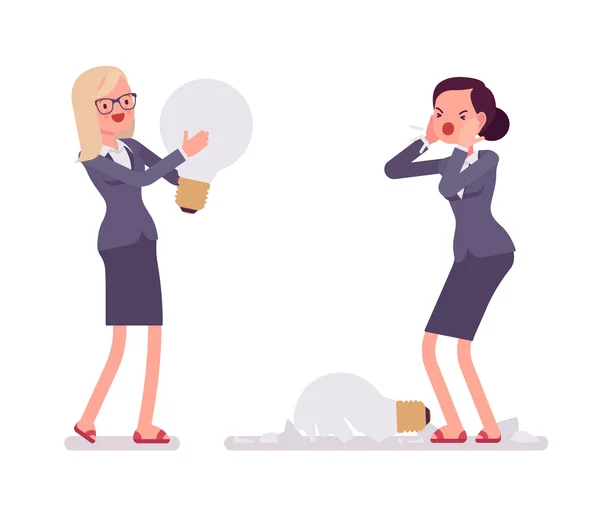 Businesswomen with light bulbs, one is broken — Stock Vector