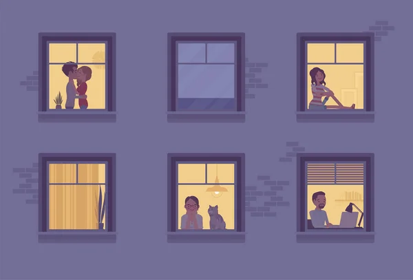 Fenêtres d'une maison de nuit avec voisins — Image vectorielle