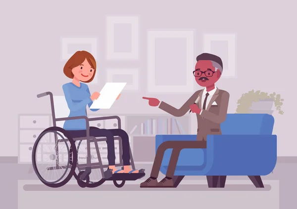 Seguro de discapacidad, soporte médico para mujer discapacitada en silla de ruedas — Vector de stock