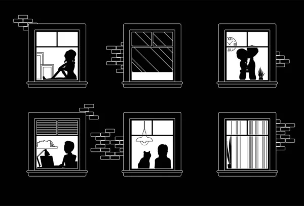 Fenster eines nächtlichen Hauses mit Nachbarn im Inneren — Stockvektor