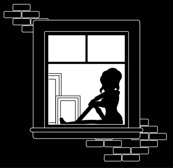 Fenster in der Nacht mit Frau am Fenstersims — Stockvektor