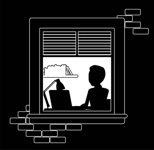 Ventana por la noche, el hombre trabajando en la computadora detrás — Vector de stock