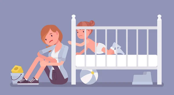 Dépression post-partum, nouvelle maman anxieuse après l'accouchement — Image vectorielle
