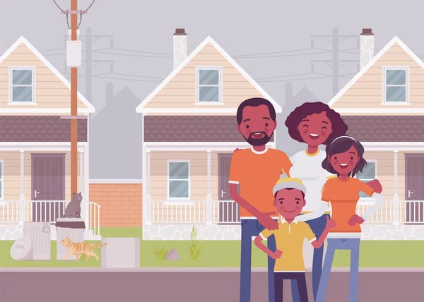 Mutlu siyah aile kendi evinin önünde duruyor. — Stok Vektör