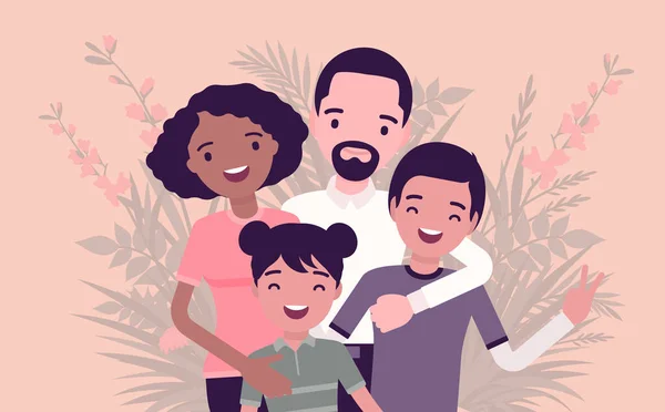 Multicultural happy family, parents, two kids of different race, culture — Stock Vector