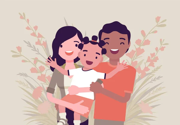 Familia feliz multicultural, padres e hijos de diferentes razas, culturas — Vector de stock