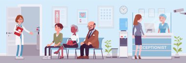 Hastane resepsiyonu. Klinikte hastalara yardım etmek için iyi bir iş.
