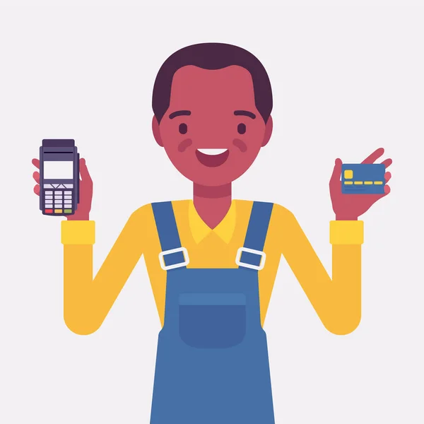 Servicio y sistema de procesamiento de tarjetas de crédito, niño negro feliz — Vector de stock