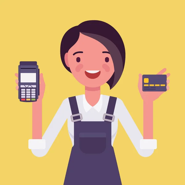 Zpracování kreditních karet a systém, šťastná dívka — Stockový vektor