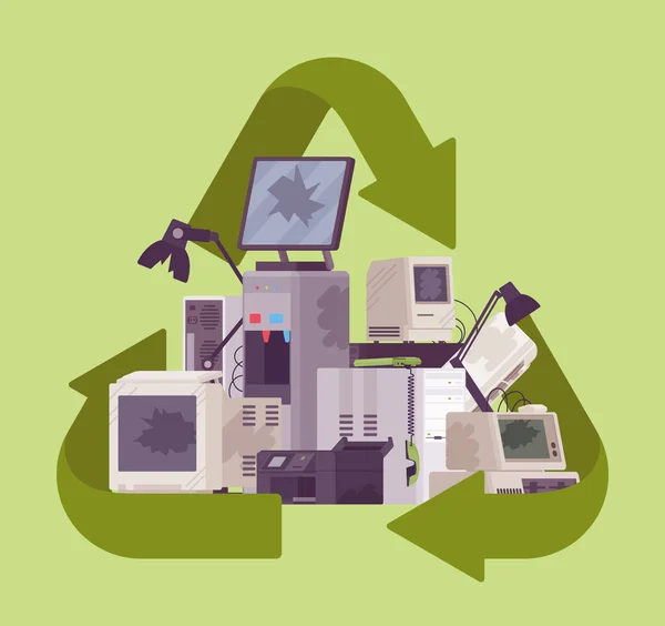 Recycling green symbol for electronic appliances waste trash pile — Stock Vector