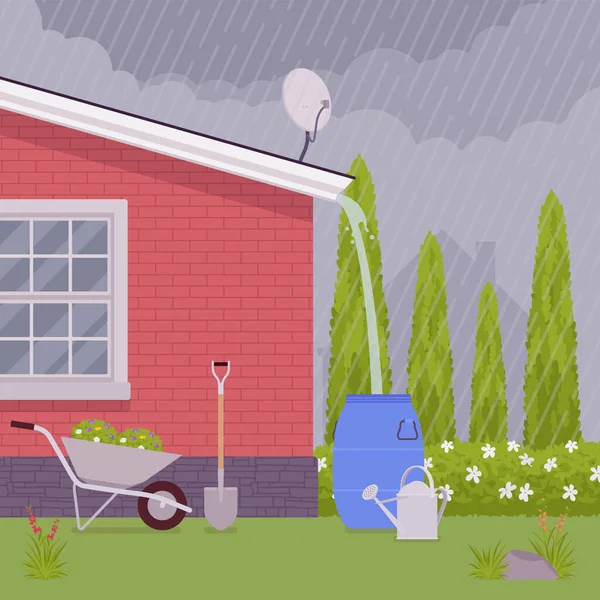 System zbierania wody deszczowej na dachu, zbierający deszcz spływający w beczce — Wektor stockowy
