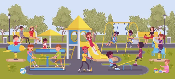 Happy kids playing in the playground, fun and leisure outside — Stockový vektor