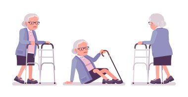 Yaşlı bir kadın, tıbbi yürüyüşçüsü olan yaşlı bir adam, kaygan baston.